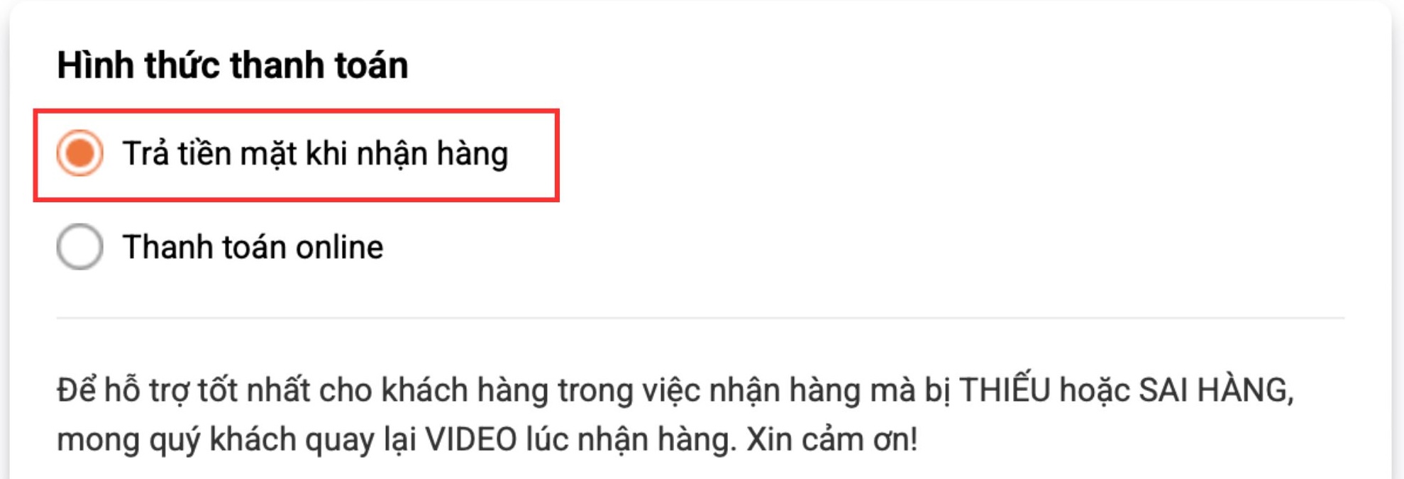 Phương thức thanh toán Thanh toán khi giao hàng (COD)