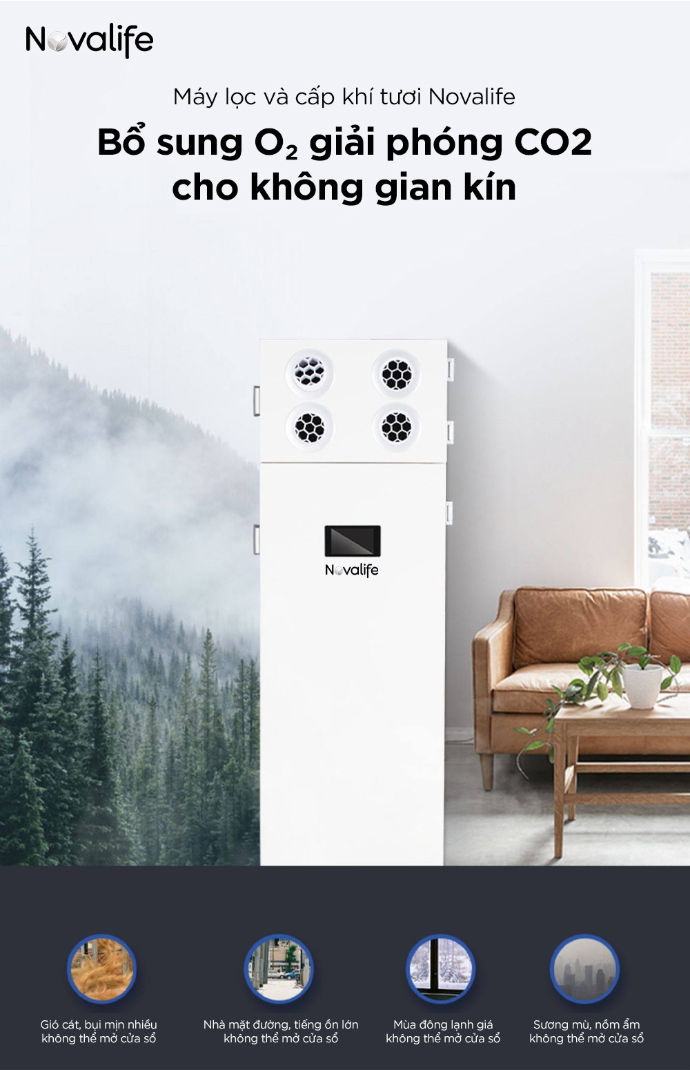 Máy cấp khí tươi hai chiều 3 in 1 Novalife KSF 500m³/h - Dạng tủ, Hiệu suất ERV>85%