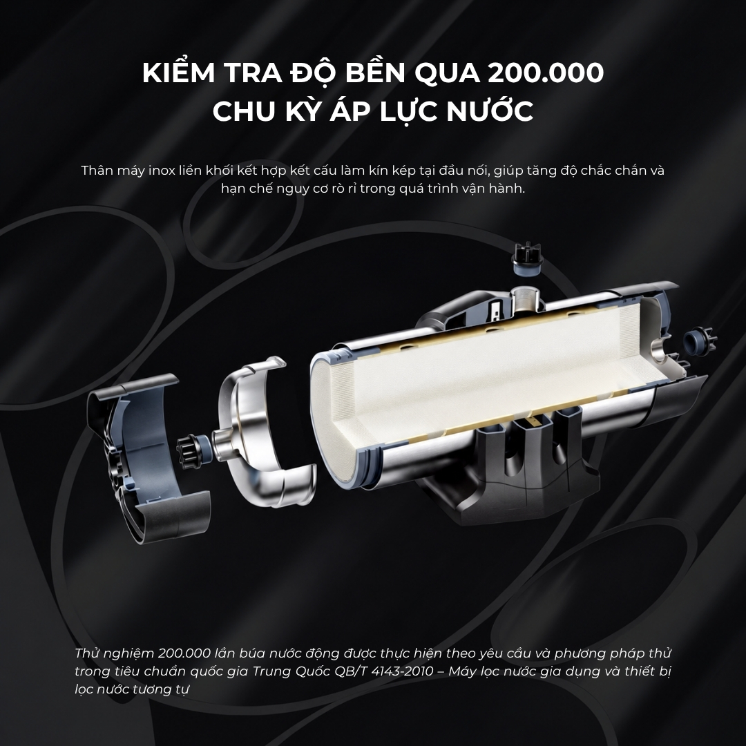 Máy lọc nước NV-U7 kiểm tra độ bền 200.000 chu kỳ áp lực nước