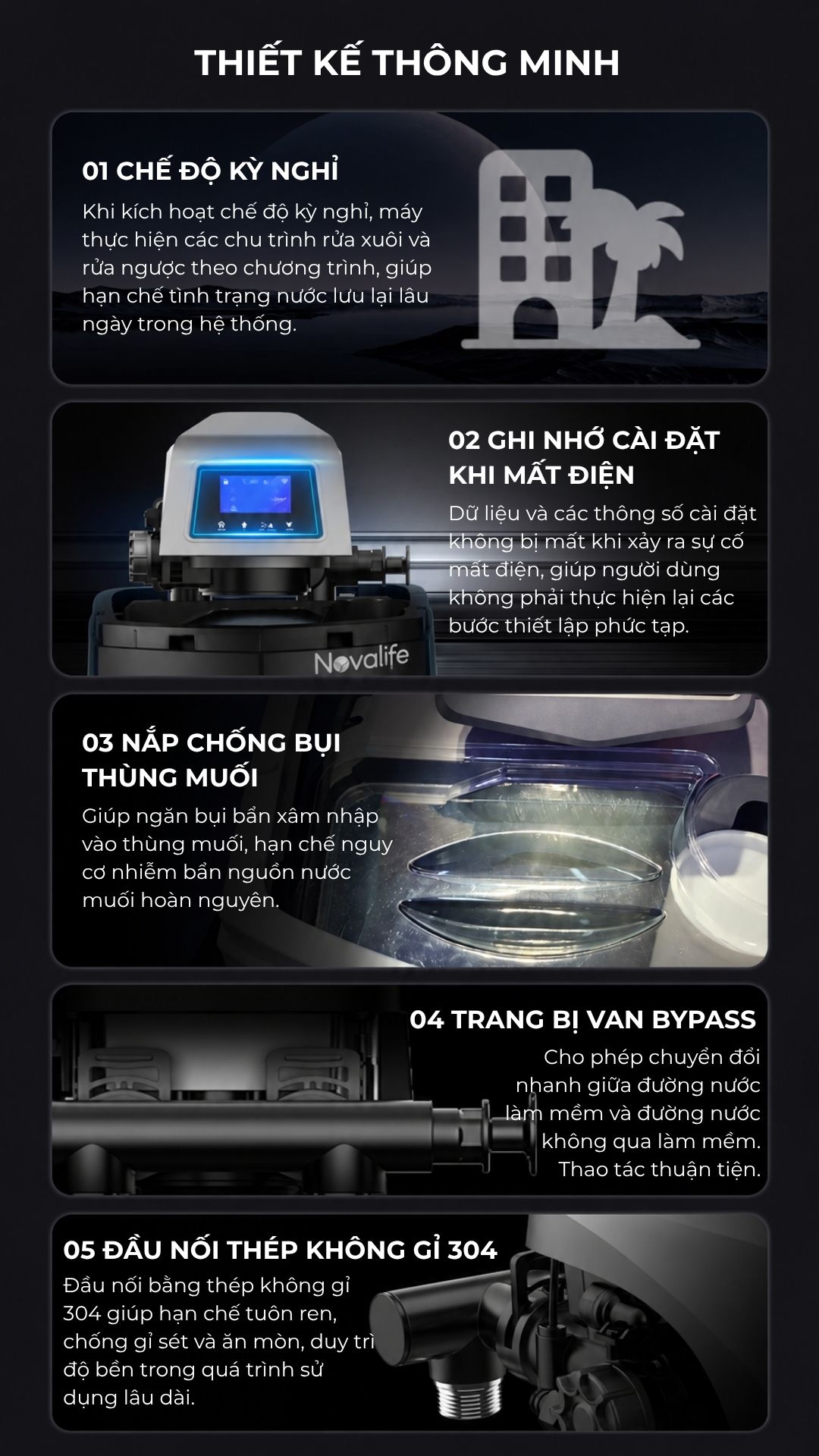 Máy làm mềm nước Novalife NV-S20: 2 m³/h – chống rò rỉ thông minh Thiết kế thông minh: chế độ kỳ nghỉ, van bypass, đầu nối inox 304