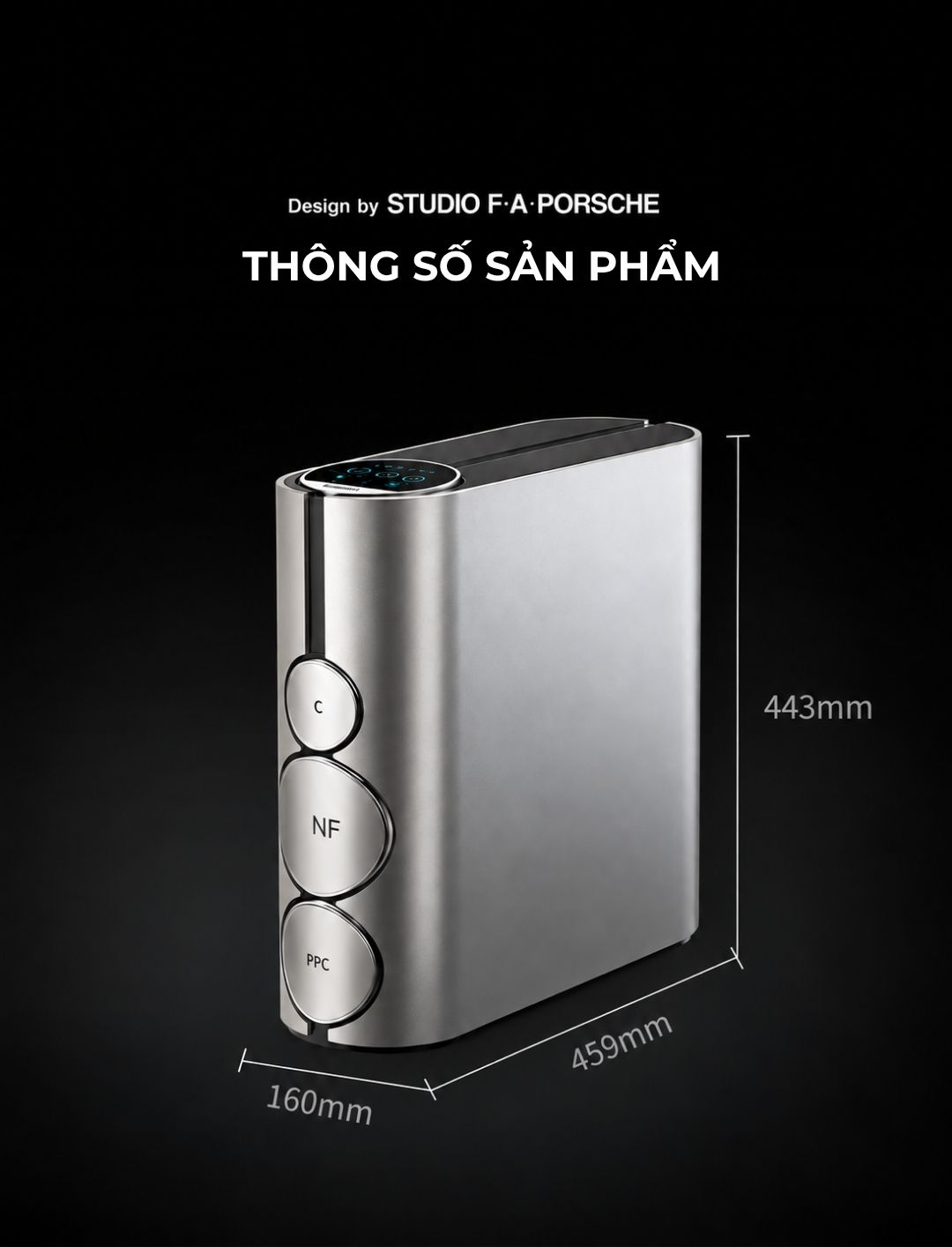 Kích thước máy lọc nước uống NC-9: 459 × 160 × 443 mm