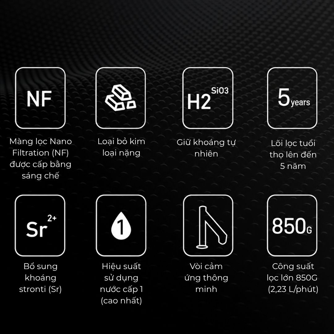 Tính năng nổi bật máy lọc nước uống Novalife NC-9: màng NF, khoáng stronti, 850G