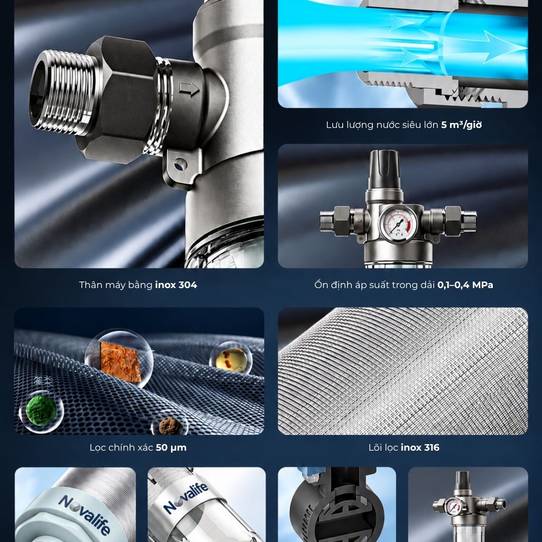 Bo-loc-so-novalife-av-2 Tính năng bộ lọc sơ NV-M3: thân inox 304, lõi lọc inox 316, lọc 50 µm, lưu lượng 5 m³/h