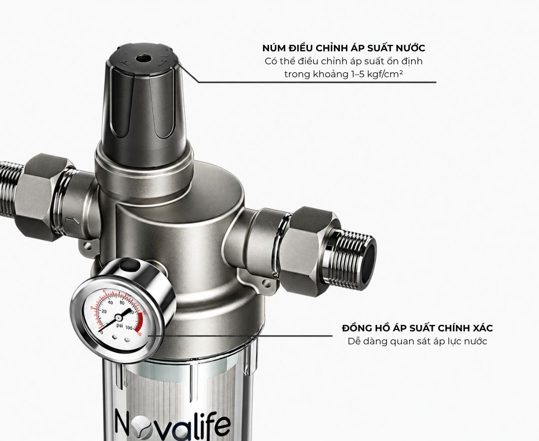 Bộ lọc sơ Novalife NV-M3: Không cần điện – Lưu lượng 5 m³/h Bộ lọc sơ Novalife NV-M3 – đồng hồ áp suất và núm chỉnh áp