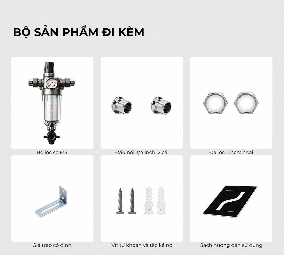 Bộ lọc sơ Novalife NV-M3: Không cần điện – Lưu lượng 5 m³/h Bộ lọc sơ Novalife NV-M3 – bộ phụ kiện đi kèm