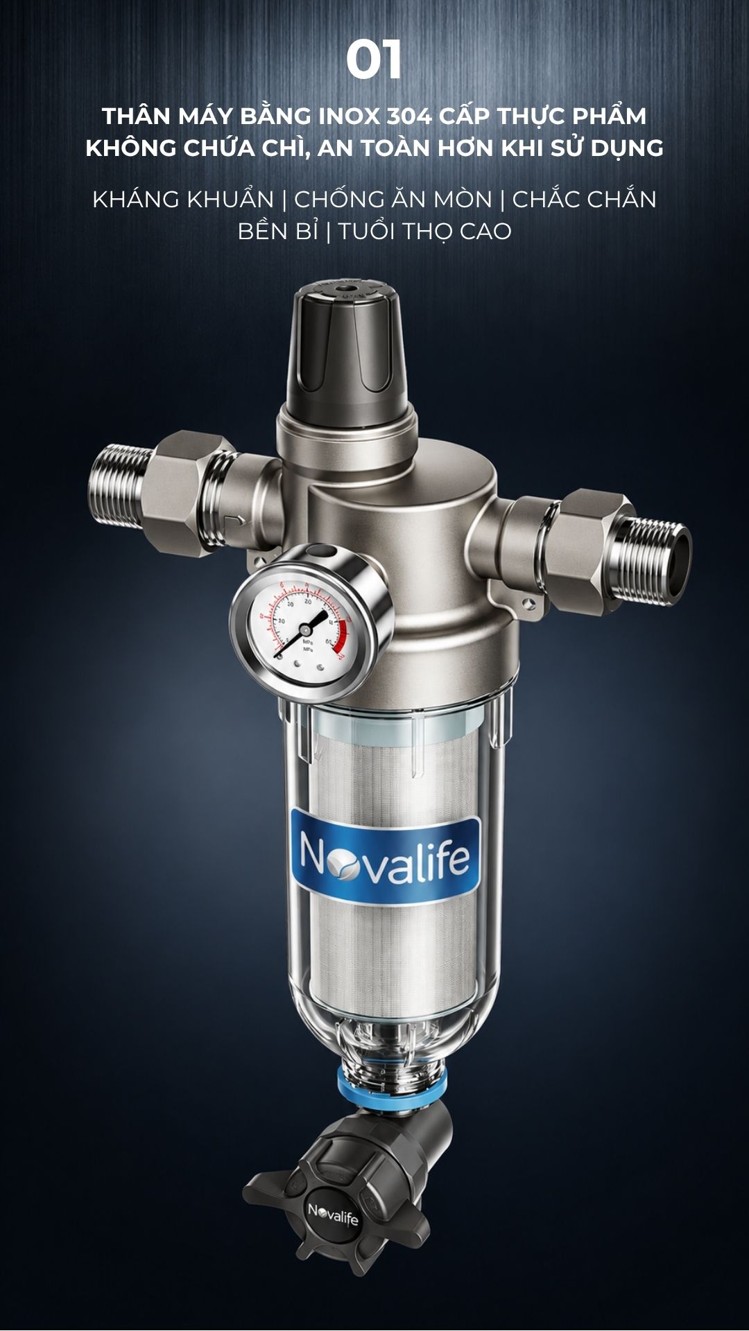 Bộ lọc sơ Novalife NV-M3: Không cần điện – Lưu lượng 5 m³/h Bộ lọc sơ Novalife NV-M3 – thân máy inox 304 an toàn