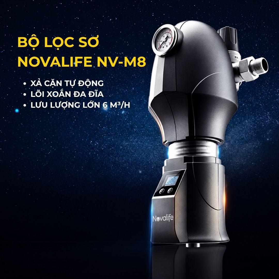 Bộ lọc sơ Novalife NV-M8 – xả cặn tự động, lõi xoắn đa đĩa, lưu lượng 6 m³/h