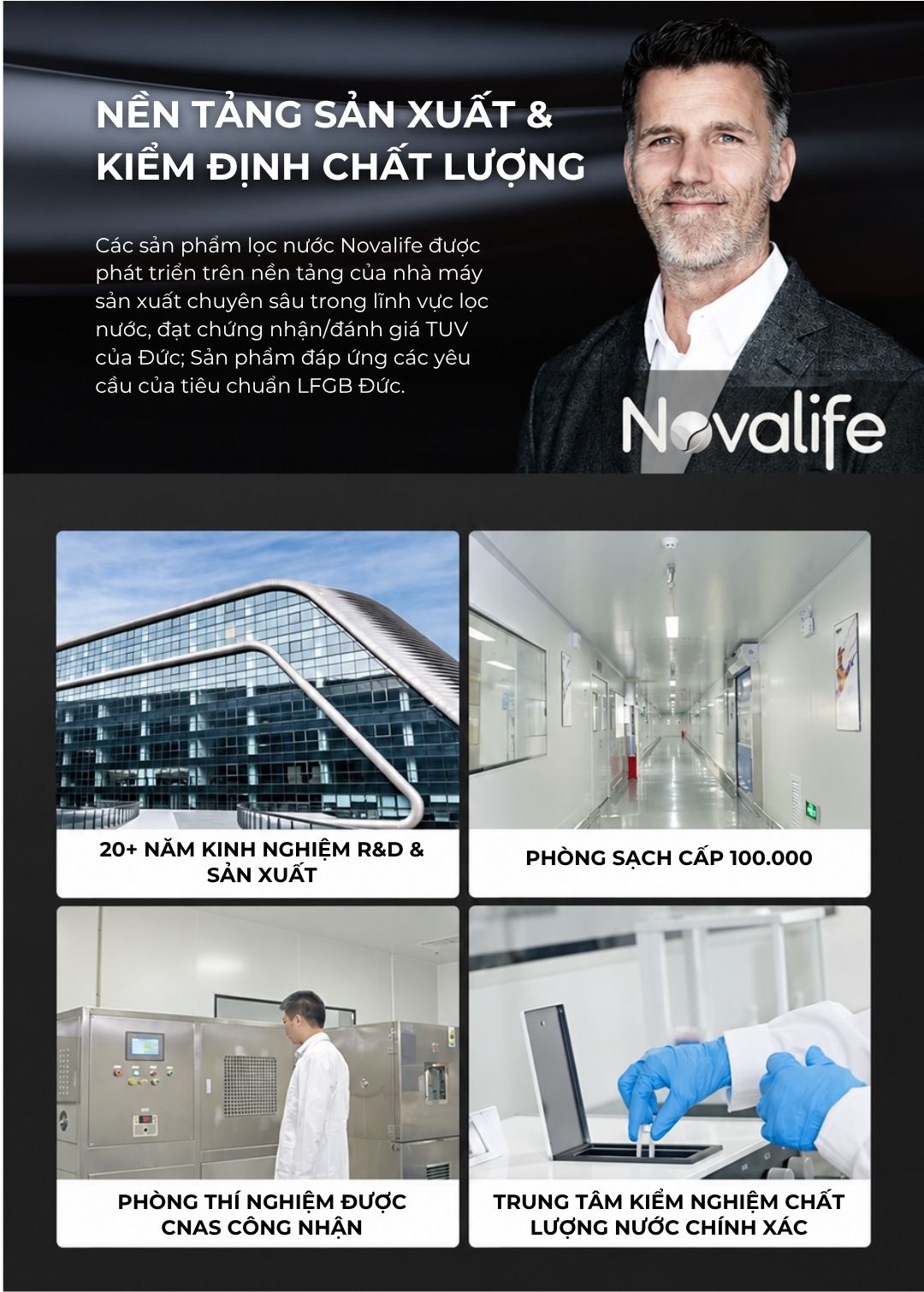 Máy làm mềm nước Novalife NV-S20: 2 m³/h – chống rò rỉ thông minh Nền tảng sản xuất và kiểm định chất lượng sản phẩm lọc nước Novalife